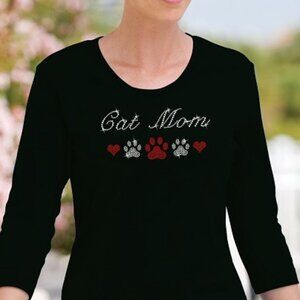 CAT MOM Scoop Neck Rhinestone Shirt-3/4 Length Sleeve-Black Cotton Stretch